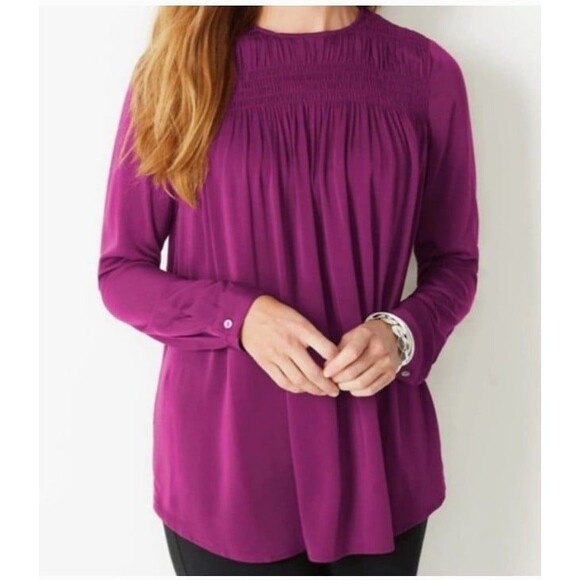 Women's J Jill Purple Smocked A-Line Silky Satin Soft Blouse, Size Large - Picture 1 of 12